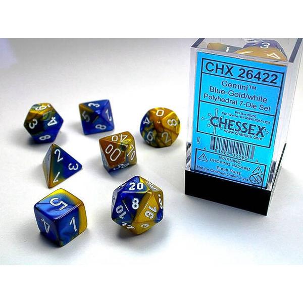 CHX Gemini Blue-Gold w/white Polyhedral 7-Die Set