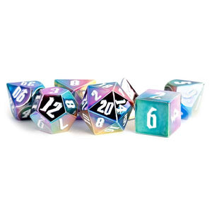 MDG 16mm Acrylic Aluminum Plated Polyhedral Dice Set: Rainbow Aegis w/ White Numbers